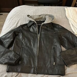 Men’s black, leather guess jacket size small with zip in hoodie.  Gorgeous.